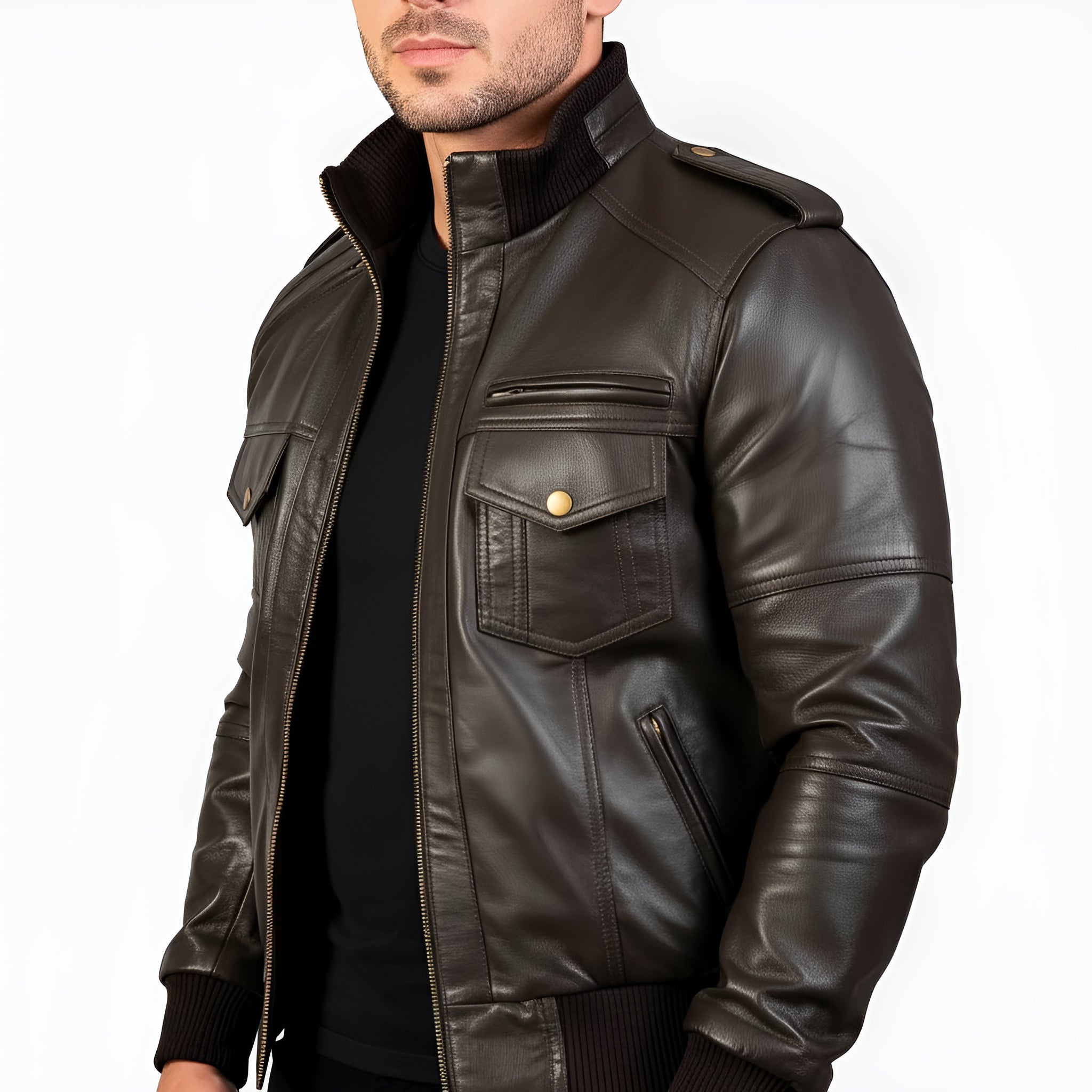 Brown leather jacket worn by a person on a white background