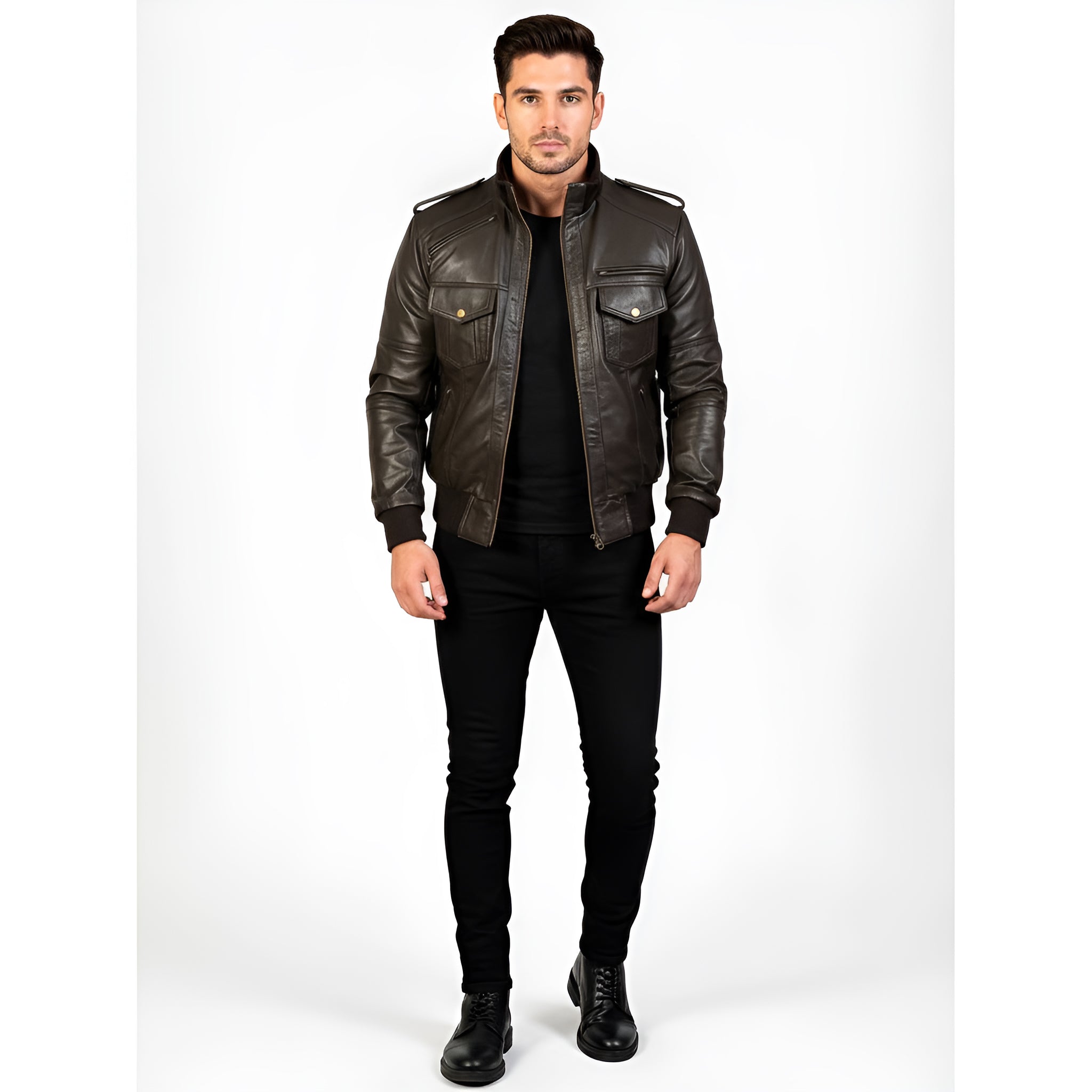 Man wearing a black leather jacket and black pants on a white background