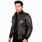 Man wearing a black leather jacket on a white background