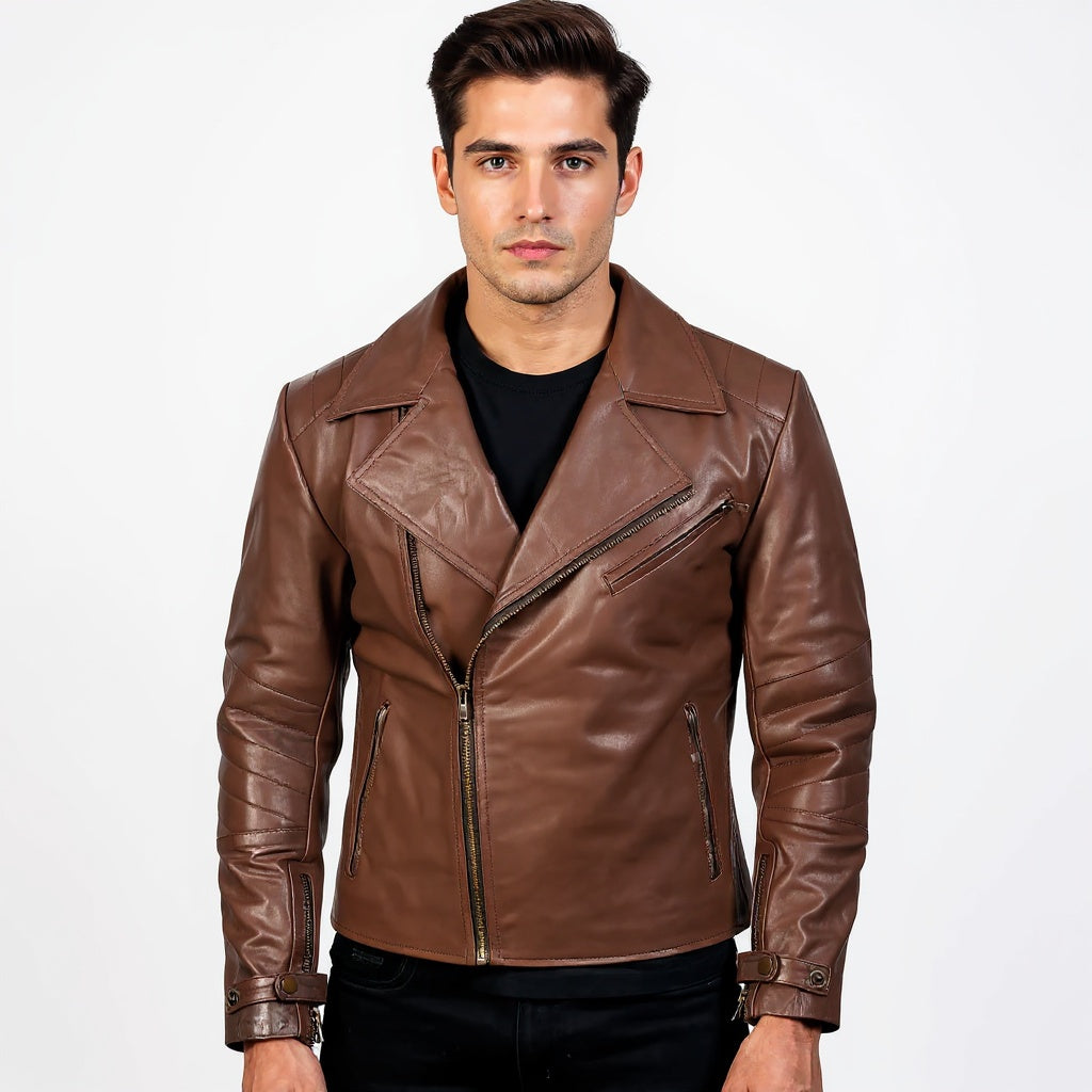 Man wearing a brown leather jacket on a white background
