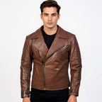 Man wearing a brown leather jacket on a white background