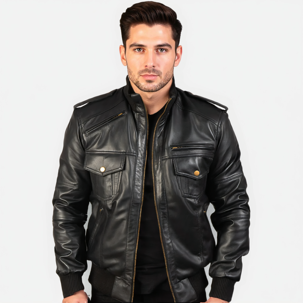 Man wearing a black leather jacket on a white background