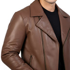 Brown leather jacket worn by a person on a white background