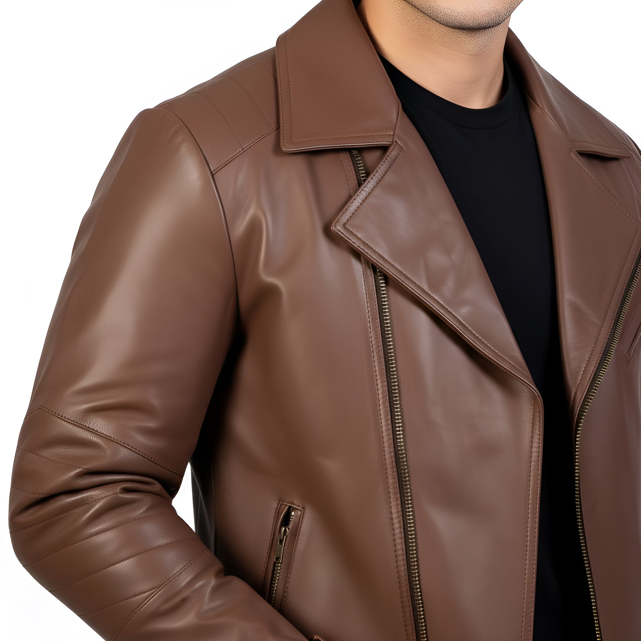Brown leather jacket worn by a person on a white background