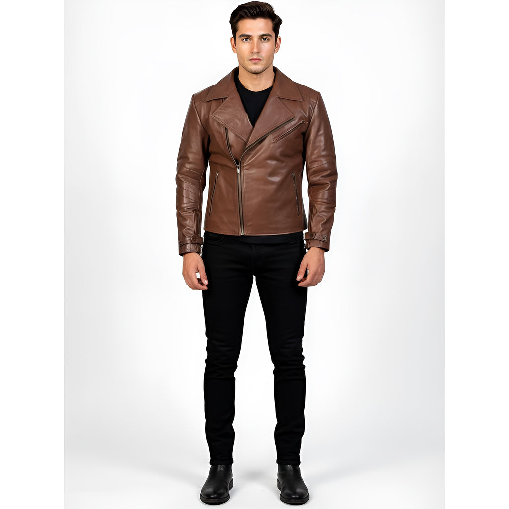 Man wearing a brown leather jacket on a white background