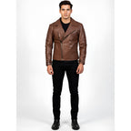 Man wearing a brown leather jacket on a white background