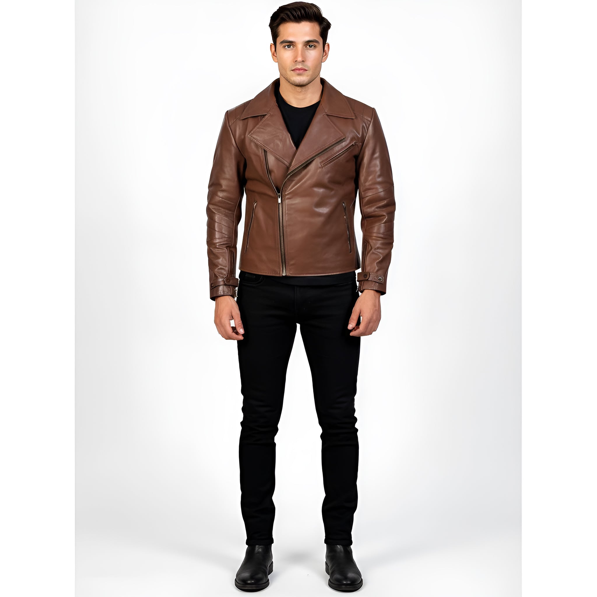Man wearing a brown leather jacket on a white background