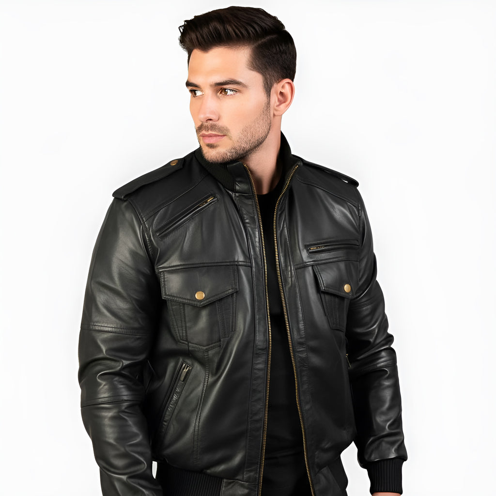 Man wearing a black leather jacket on a white background