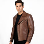 Man wearing a brown leather jacket on a white background