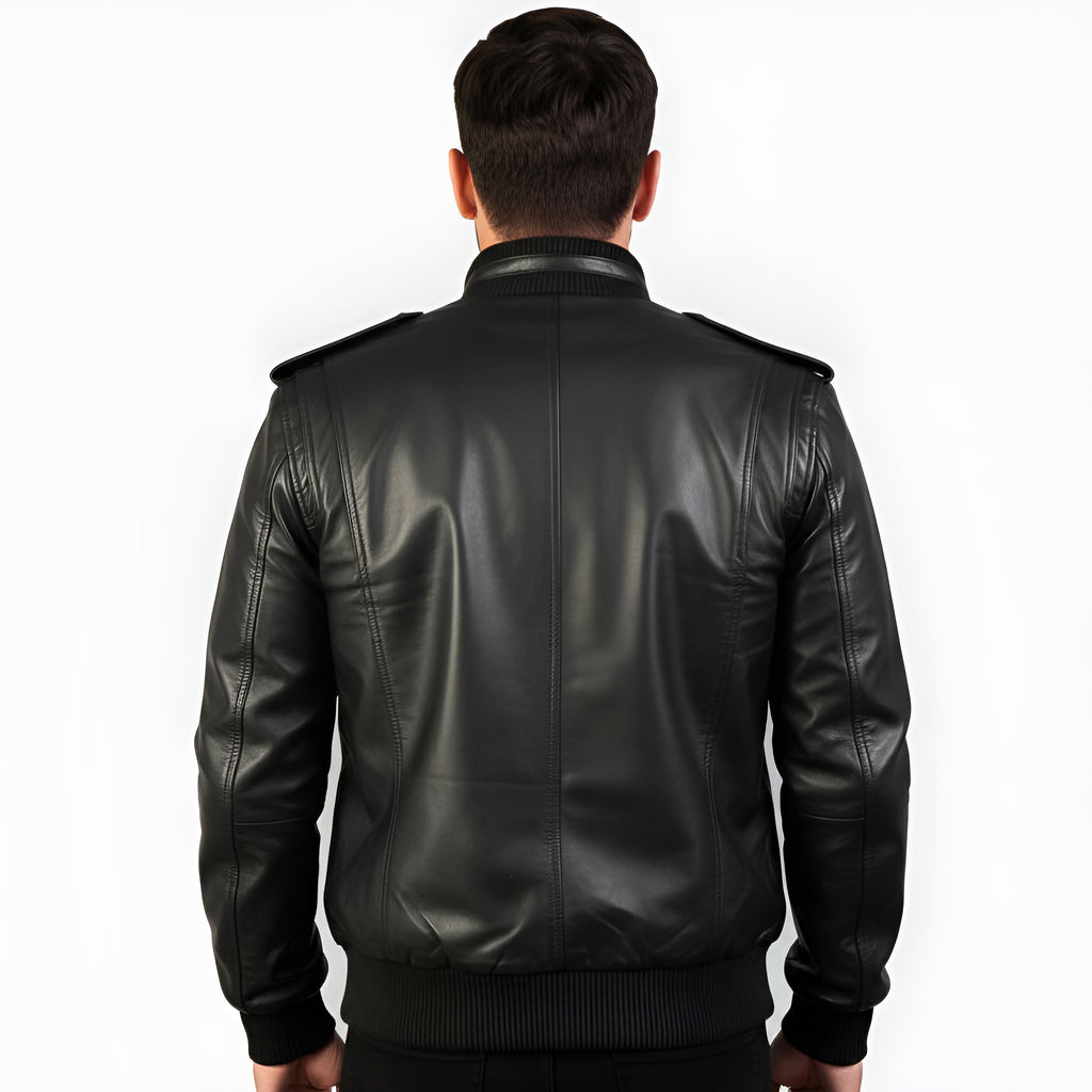 Man wearing a black leather jacket on a white background