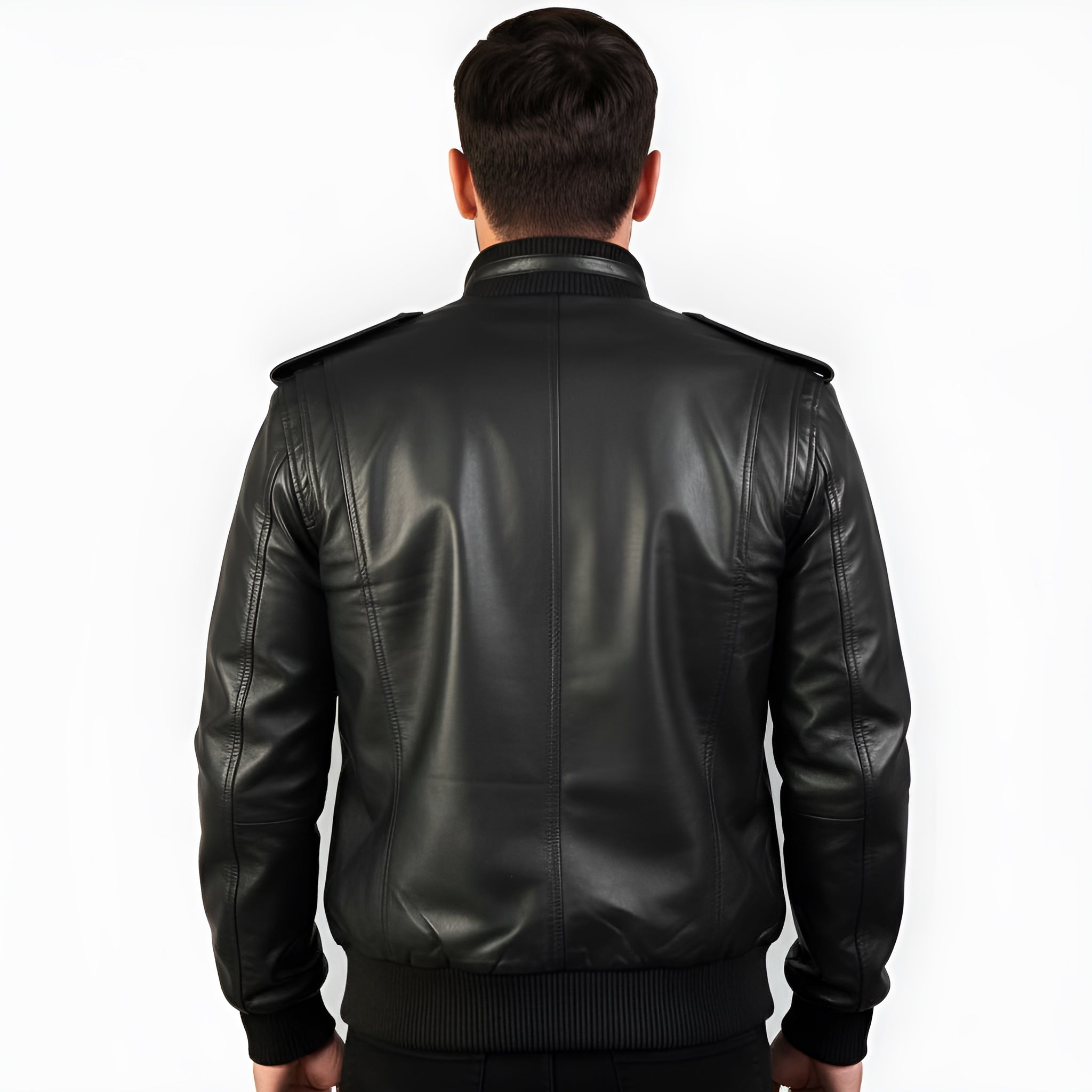 Man wearing a black leather jacket on a white background