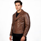 Man wearing a brown leather jacket on a white background